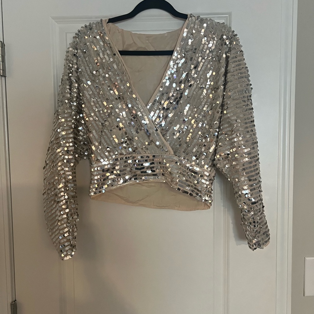 Sequin Faux Wrap Women Top - Silver - vintage